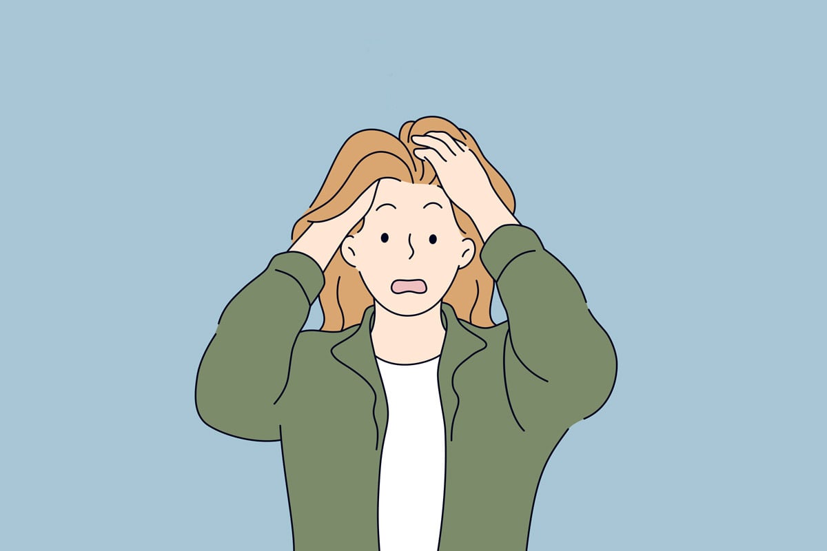 A woman puts her hands in her hair as a sign of distress in this illustration.