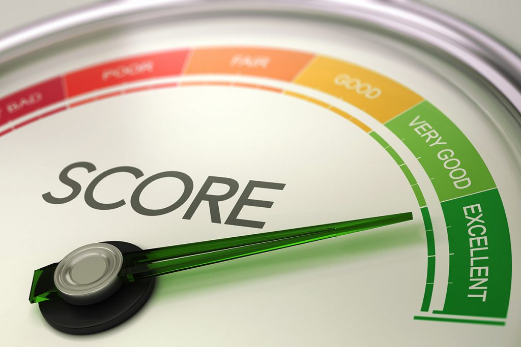 A needle on a dial indicates credit score ranges.