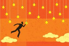 This illustration shows a man searching in the clouds for a profitable idea.