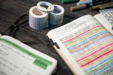 Notebook showing budget categories including housing, food, transportation, and savings