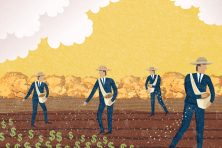 Businessmen plant seeds of money in a field. This is a graphic.