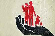 This illustration shows a hand holding up a family of four.