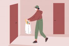 A person brings groceries to someone&rsquo;s door.