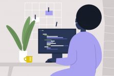 A woman codes on her computer in this illustration.