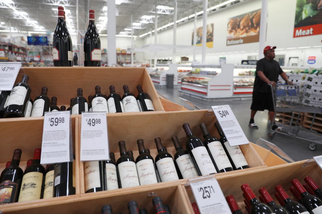 Wine selection is on display at Sam's Club. Alcohol is a recommended item to purchase in bulk.