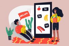 This illustration shows a person ordering groceries online.