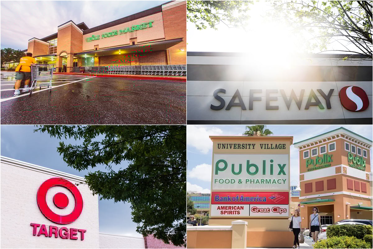 Exterior photos of Whole Foods, Safeway, Target and Publix are shown in this quad of images.