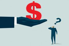 An omniscient hands holds out its hand with a $ sign on it. The smaller man in the illustration stands, scratching his head with a question mark over his head.