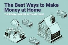 How to Make Money at Home Graphic: Stacks of dollar bills, house, home office, clouds.
