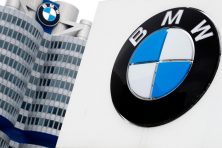 The BMW logo is on the BMW headquarters in Munich, Germany.