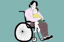 In this illustration, a mother in a wheelchair hugs her young son.