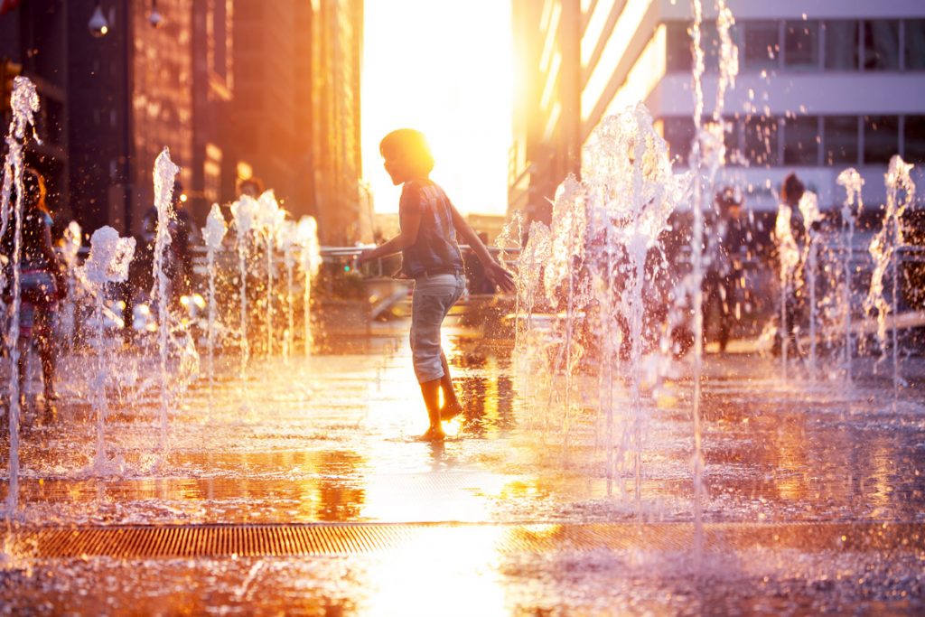 A person runs through Philadelphia. 