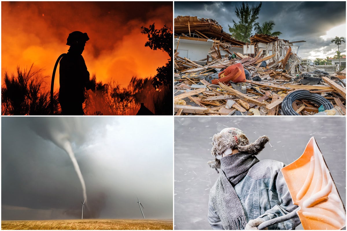 This quad of images shows a firefighter putting out a wildfire, the aftermath of a house collapse from a hurricane, a tornado forming in a corn field and a man braving a blizzard to shovel snow.