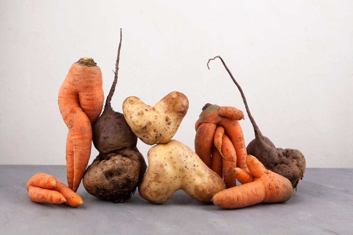 Ugly produce sits on a counter including disfigured carrots and potatoes.