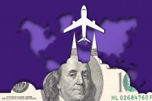 A graphic shows an airplane traveling over a world map. The contrail from the airplane looks like a $100.