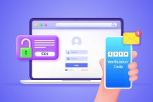 This illustration shows a person using a multi-factor authentication code to access an account online. The secret code is sent to their phone for verification.