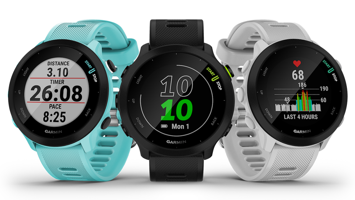 Three Garmin Forerunner 55 watches are photographed. 