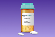 The illustration shows a prescription bottle with the Amazon Pharmacy logo on the label.
