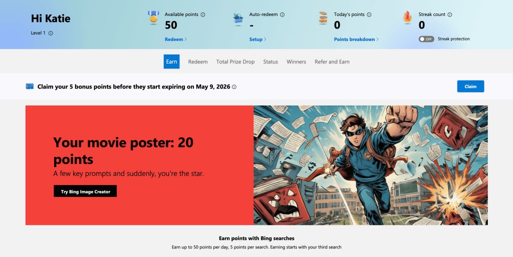 Microsoft Rewards dashboard with points balance and daily tasks
