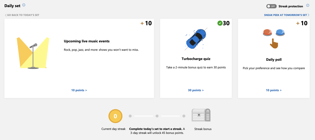 Microsoft Rewards daily set with quiz and poll tasks