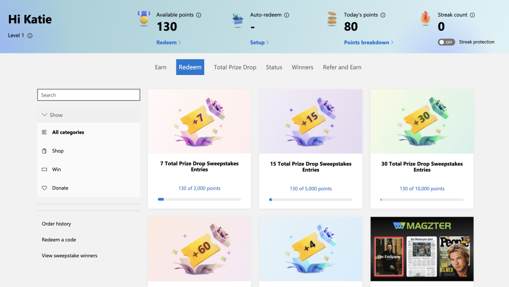 Microsoft Rewards redemption page with gift cards and rewards
