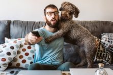 A man watches tv with his dog on top of him.