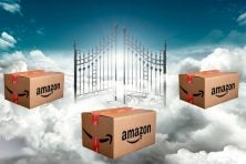 Amazon boxes sit on top of clouds in heaven in this photo illustration.