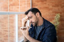 A man looks annoyed as he listens to a phone call.