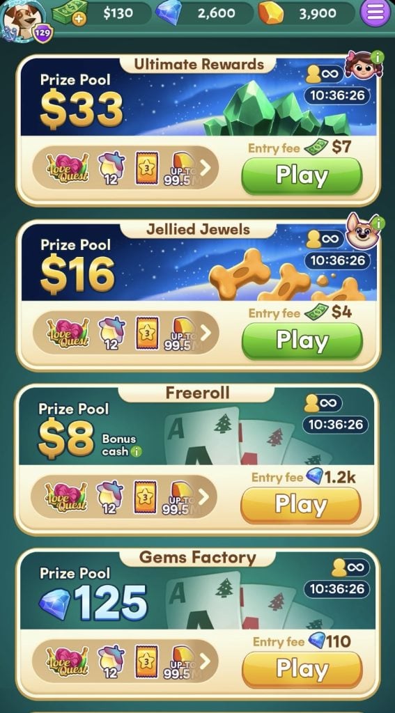 Solitaire Cash app home screen showing available solitaire matches