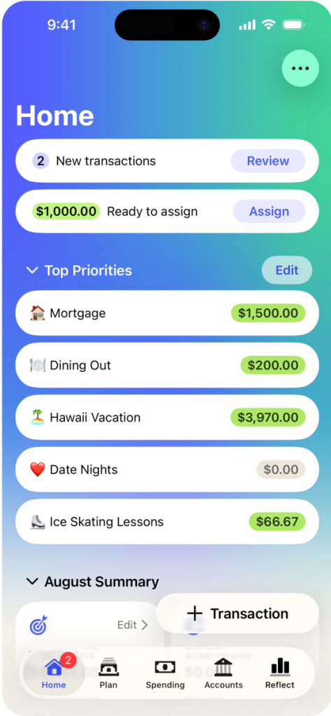 YNAB budgeting screen showing categorized expenses and assigned dollar