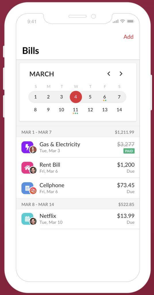 Honeydue budgeting app showing shared bills and payment reminders
