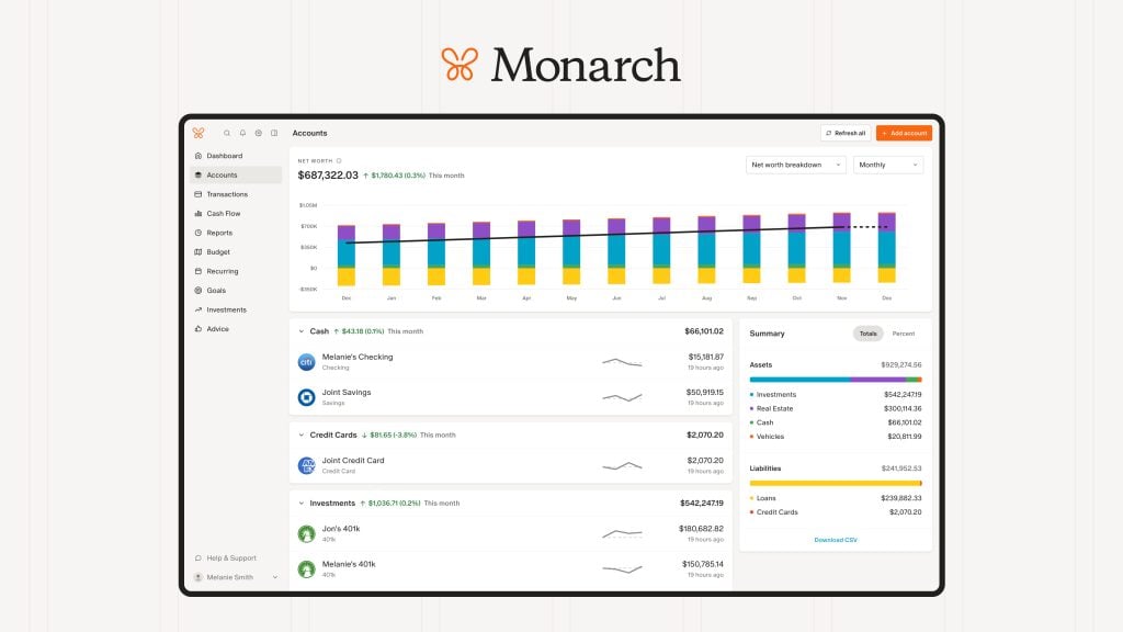 Monarch budgeting app dashboard showing shared accounts and joint savings goals