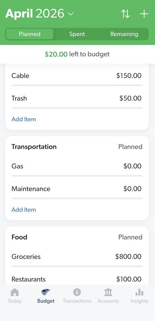 EveryDollar app displaying budgeting tab