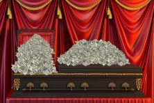 A coffin is filled with money in this photo illustration.