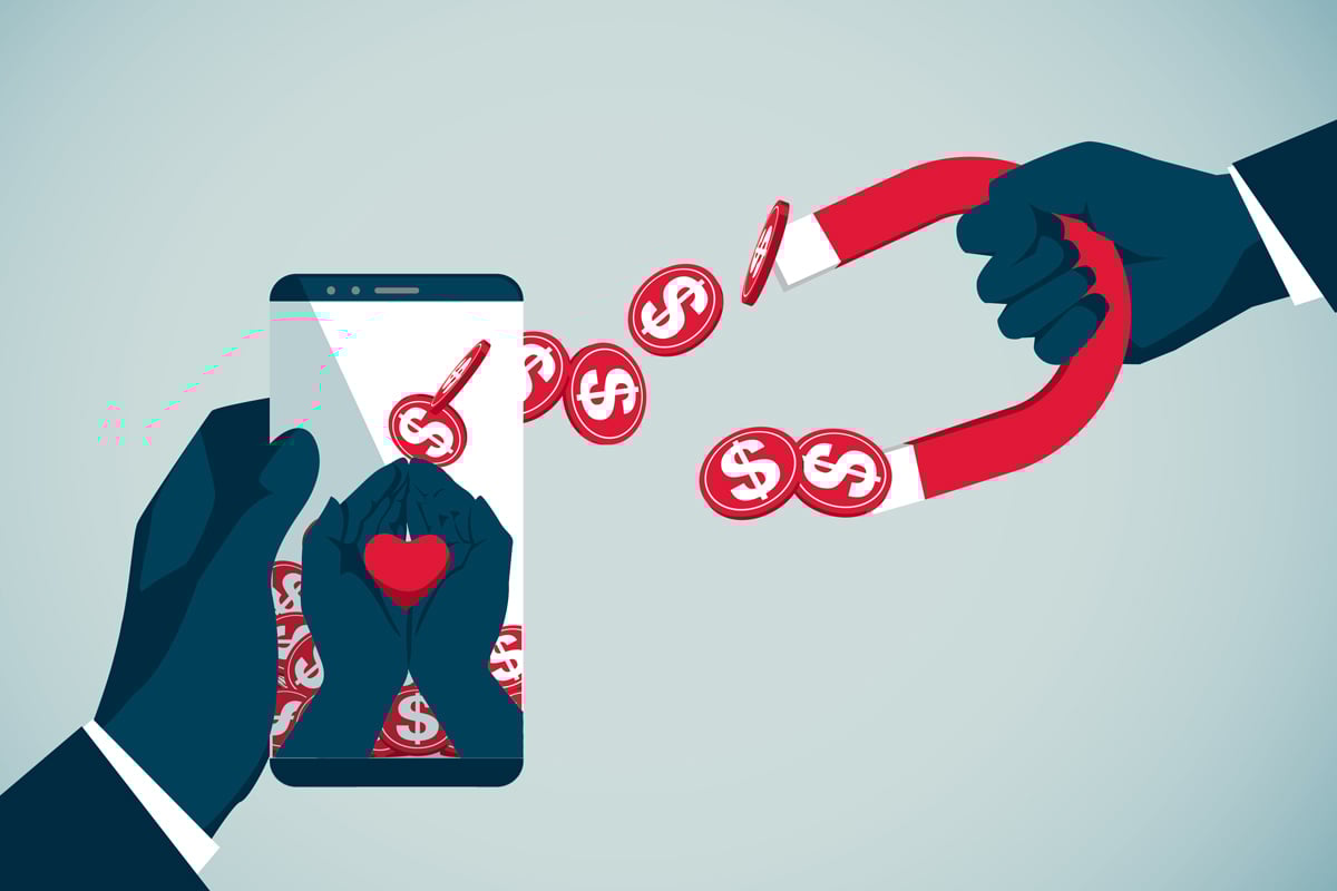 This illustration shows a person wanting to give money through love and a scammer taking it from them.