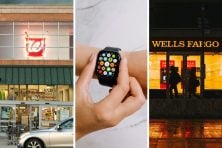 A Walgreens Pharmacy, an Apple Watch, and a Wells Fargo banking branch are pictured in a triptych image.