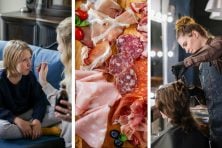 Photo montage of a child being given cough syrup, a charcuterie board with sliced deli meats, and a woman receiving hair treatment from a hair stylist.