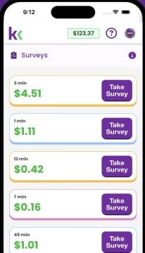 KashKick homepage with surveys, games and offers listed.