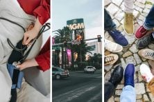 A home healthcare aide takes blood pressure, Park MGM Las Vegas, and different types of footwear arranged on the feet of various people is pictured as part of a photo montage.