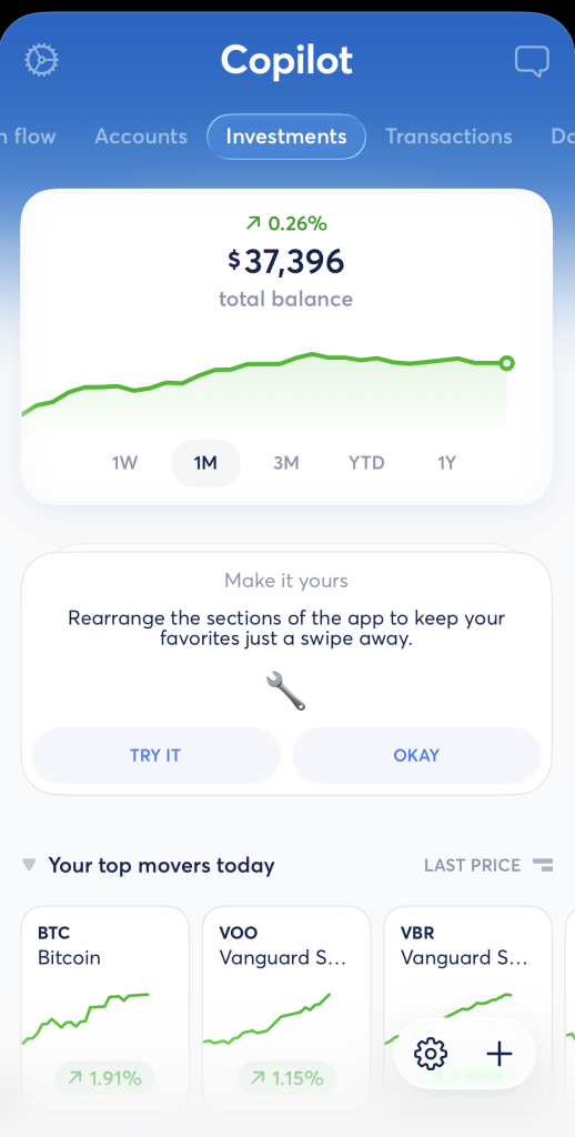 Copilot Money budgeting app's investment tab