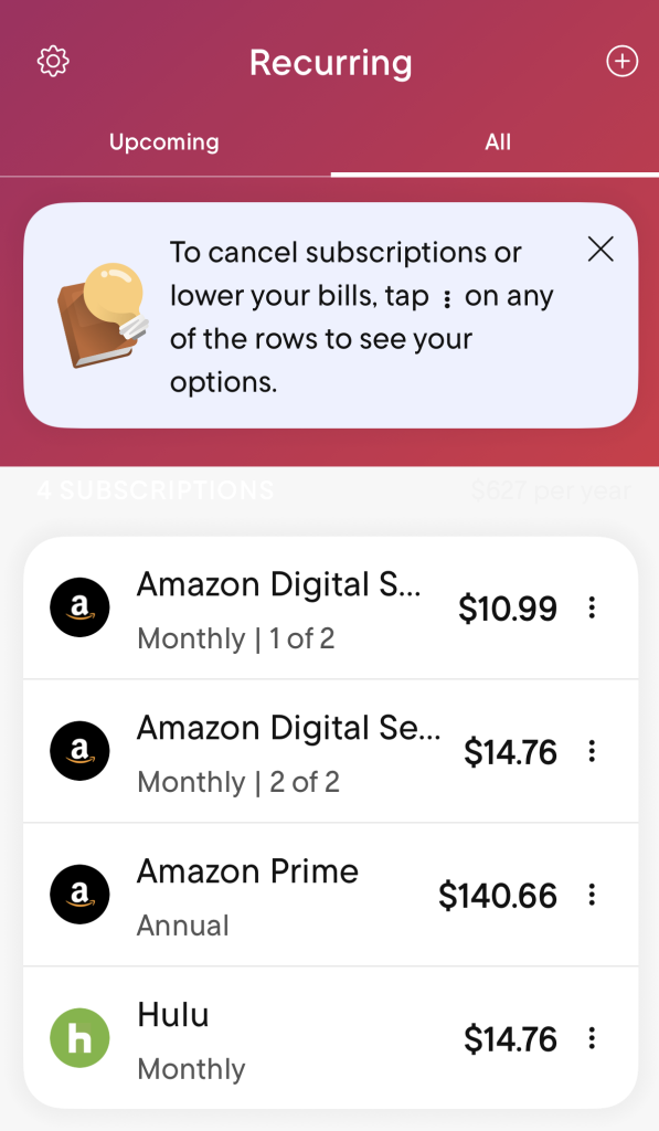 Rocket Money app displaying a list of detected monthly subscription charges