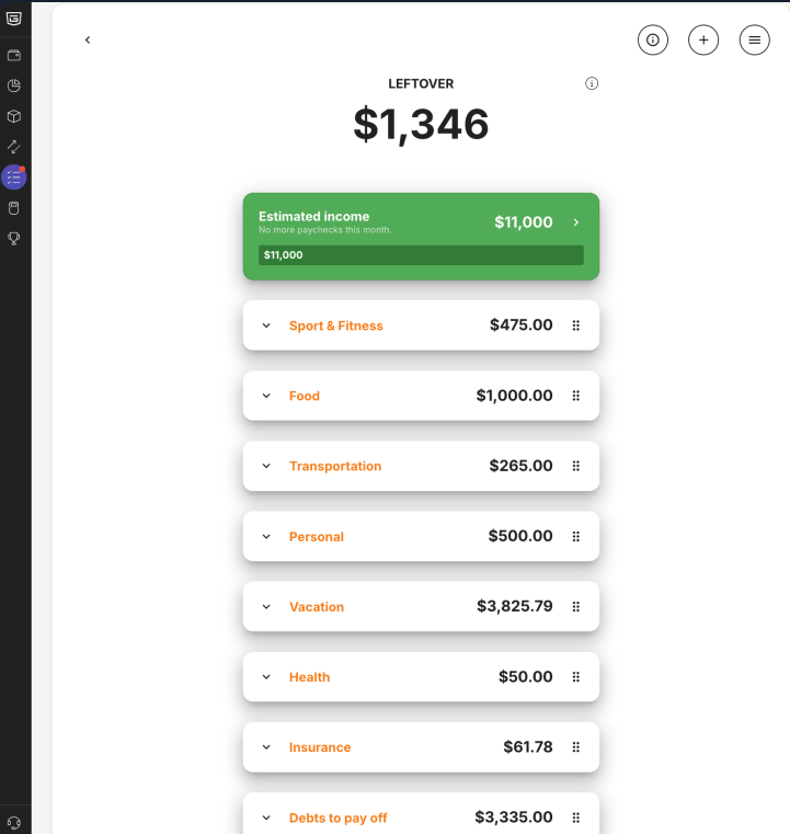 PocketGuard app showing available spending amount and monthly budget breakdown